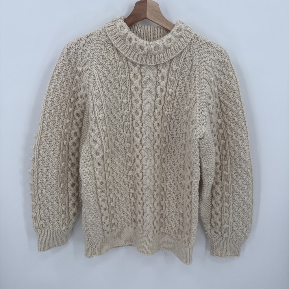 Vintage Handknit 100% Wool Cream Cardigan Approx. Size Medium Classic Fisherman